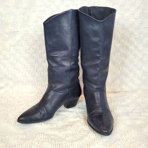 Classic Black Leather Mid-Calf Heeled Boots